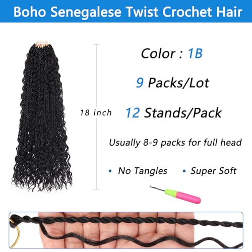 18 Inch Senegalese Twist Crochet Hair - Boho Island Style with Curly Ends, 9 Pack - Black