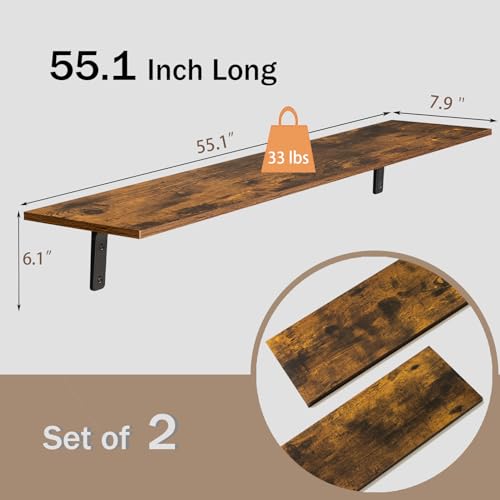 DINZI LVJ Rustic Brown 55.1-Inch Wall Mounted Shelves Set of 2 - Vintage Wooden Storage