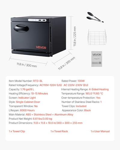 VEVOR 8L Small Towel Warmer Cabinet - Black Stainless Steel Spa & Salon