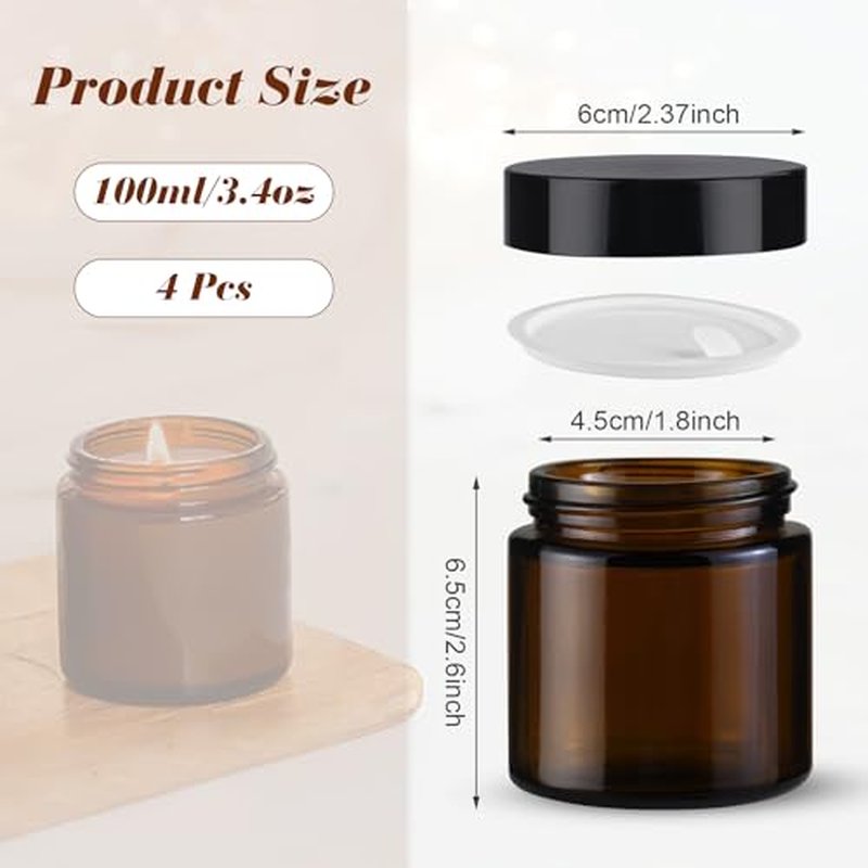 4Pcs 100g/3.4oz Amber Round Glass Jars Brown Facial Cream Packaging Pot Leak Proof Cosmetic Bottles with Plastic Inner Liners and Lids for Balm,Lotion,Aloe Gel,Body Scrub