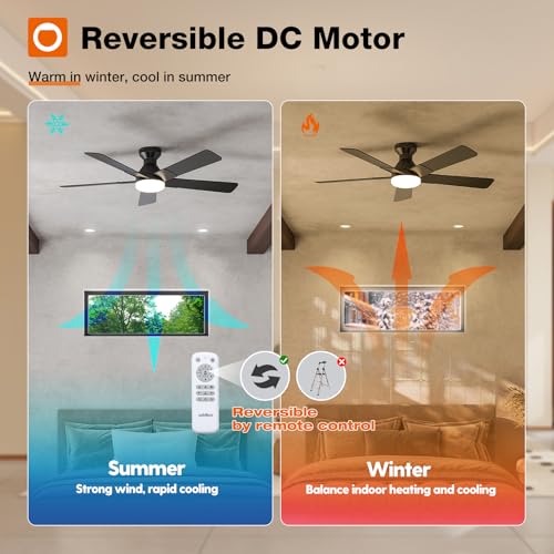 Black 52 Inch Modern Low Profile Ceiling Fan with Lights & Remote - addlon