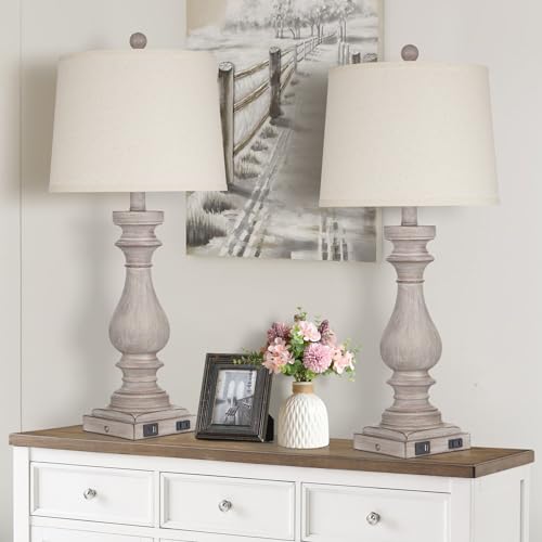 Gray 29-Inch Tall Table Lamp Set of 2 with USB-C & Outlets - Dimmable Touch Control Bedside Lamps
