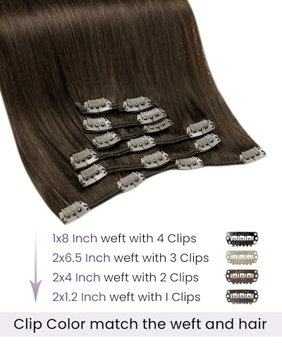 Clip-In Hair Extensions Real Human Hair Silky Straight 14 Inch Light Chocolate Brown - 120g 7Pcs