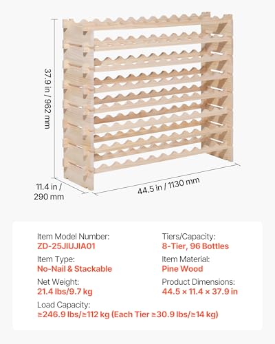 VEVOR Natural 8-Tier Stackable Modular Wine Rack for 96 Bottles, Freestanding Wood Storage
