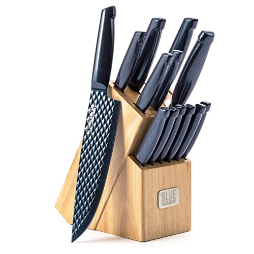 Blue Diamond Sharp Stone 14-Piece Knife Set with Wood Block - PFAS-Free Diamond Textured Stainless Steel Knives