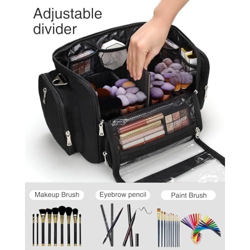 TANTO Makeup Brush Bag, Extra Large Makeup Case Professional Makeup Artist Bag Stand-up Cosmetic Bag Travel Makeup Brush Case with Shoulder Strap and Adjustable Divider