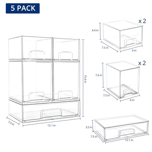 Baby Bottle Organizer Stackable, Acrylic Storage Drawers 5 pack with Non-Slip Pads, Pull-Out Drawers for Baby Bottle, Pump Parts, Pantry, Vanity Countertop (4.4" and 7.6" Tall and 12.1" Wide)