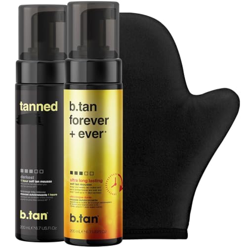 b.tan Dark & Ultra Long Lasting Self Tan Kit | Besties Bundle - Tanning Mousse Duo with Mitt Applicator Glove, 1 Hour Express, Fast Sunless Tanner, Face & Body, No Fake Tan Smell, 6.7 Fl Oz
