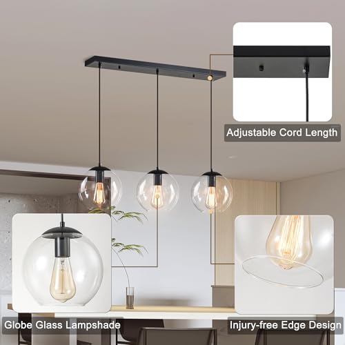 Black Globe Pendant Light Fixture 3-Light Modern Chandelier 27.6 Inch