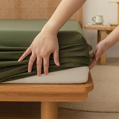 King Size Olive Green Cotton Linen Feel Sheet Set - Washed 100% Cotton, Deep Pocket