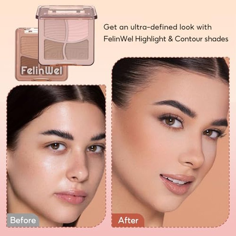 FelinWel Highlight Contour Makeup Palette Effortless Blending Matte Shimmer Highlighter Palette and Bronzer Powder for Cool Toned Skin with Brush