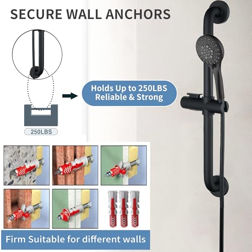 BRIGHT SHOWERS Matte Black Stainless Steel Shower Slide Bar Set with 5-Spray Handshower and 69-Inch Hose – ADA Compliant