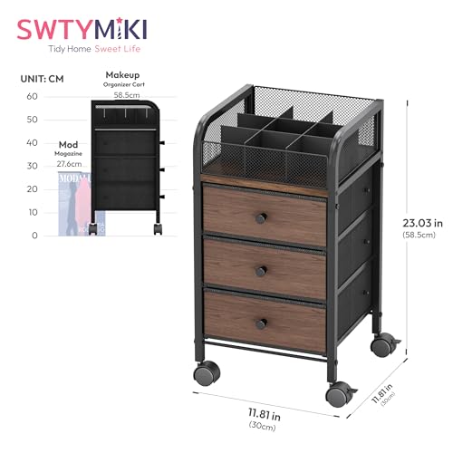 SWTYMIKI Rolling Makeup Organizer Cart - Floor Skincare Make Up Storage with 3 Non-woven Drawers, Vanity Organizer Cosmetic Display Cases Cabinet for Skin Care Perfume Nail Polish Brush Hair Tool