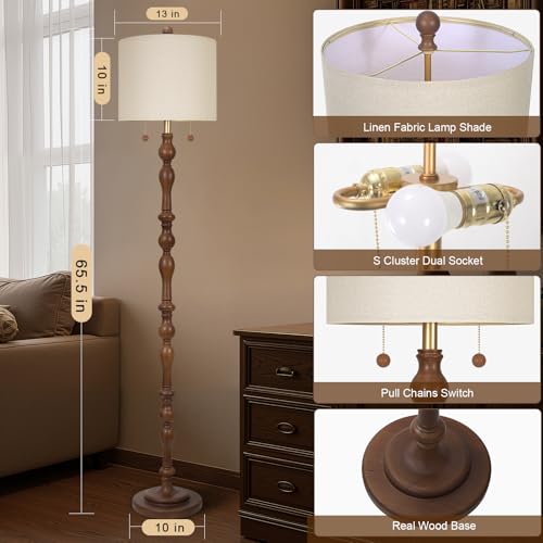 Dark Brown Natural Wood Floor Lamp with Linen Shade & Dual Pull Chain Switch