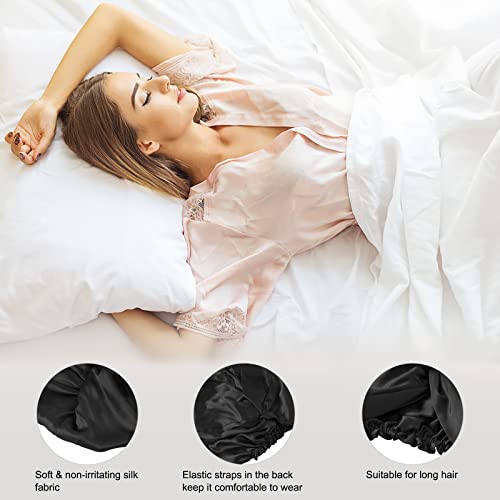Black Mulberry Silk Sleep Cap for Women - One Size Bonnet with Elastic - Night Hair Care