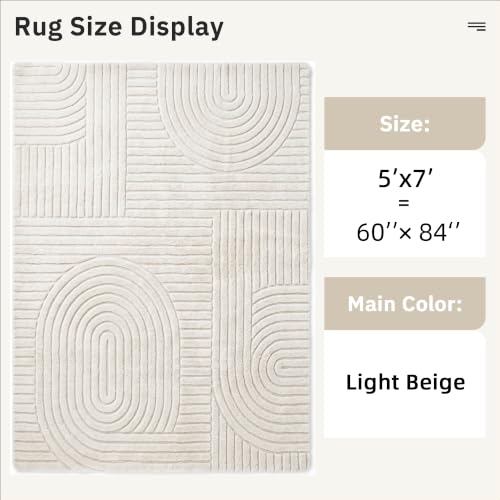 Light Beige 5x7 Geometric Washable Area Rug for Living Room - Solid Beige