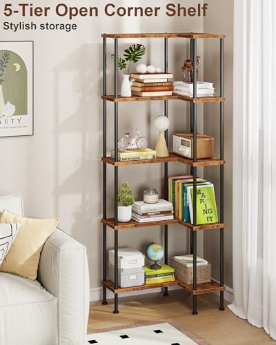 Rustic Brown 5-Tier L-Shaped Corner Bookshelf - Modern Storage Shelf