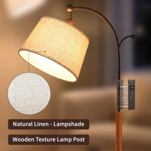 Wood Grain Arched Floor Lamp with Linen Shade - Dimmable 3-Color Temperatures, Foot Switch & Coat Hook - Bingyouth