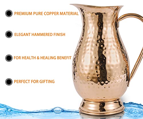 Large Pure Copper Water Pitcher with Lid - Handcrafted Hammered Jug, 70 Oz/2000ml for Home & Gifting