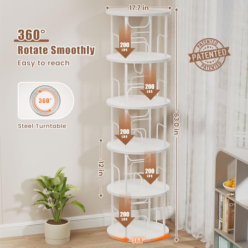 Round 5-Tier Rotating Bookshelf - White Tall Corner Spinning Bookcase
