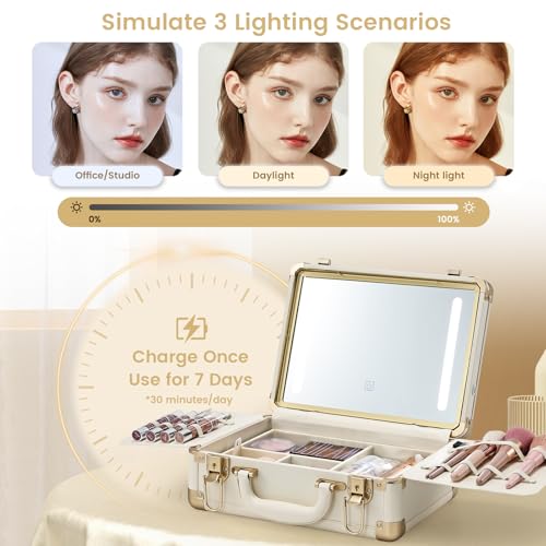 Lighted Makeup Case with Detachable Tray, Beige Vegan Leather Makeup Box Rechargable 3-Color LED Mirror, Travel Train Case Makeup Bag Organizer with Champagne Alloy
