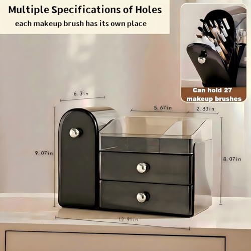 RONGZHIERK Makeup Organizer for Vanity with Brush Holder (Black) – Large Cosmetic Storage