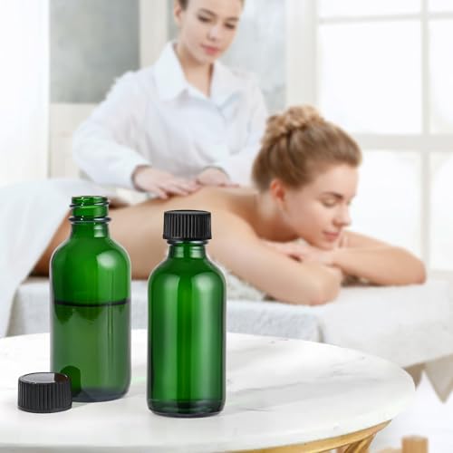 Small Glass Bottles with Lids Boston Round Shot Bottles for Health, Immunity, Ginger Juice, Essential Oils, Potion - Leak Proof Mini Travel Containers (Green UV, 2oz-48Pack)
