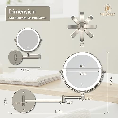 8-Inch Wall Mounted Lighted Makeup Mirror 1X/10X Magnification Brushed Nickel - Variation: Brushed Nickel / 8 Inch