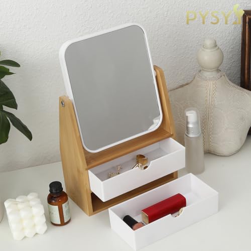1x / 5X Magnifying Makeup Mirror, Jewelry and Cosmetics Storage Box with Double Drawers, Adjustable Natural Bamboo Stand, 360¡Æ rotatable Vertical Desktop Mirror (1, Rectangle)