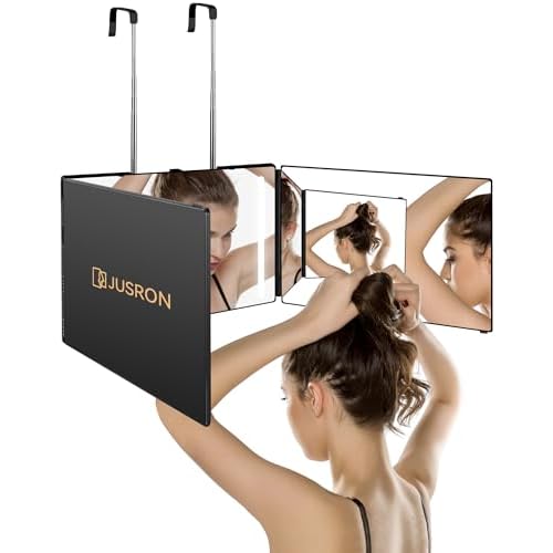 JUSRON 360 Viewing Angle Self Hair Cutting Mirror, Clear Anti-Fog HD Glass, USB Rechargeable, Easy to Use, Height Adjustable, Portable, Good Choice for Gifts