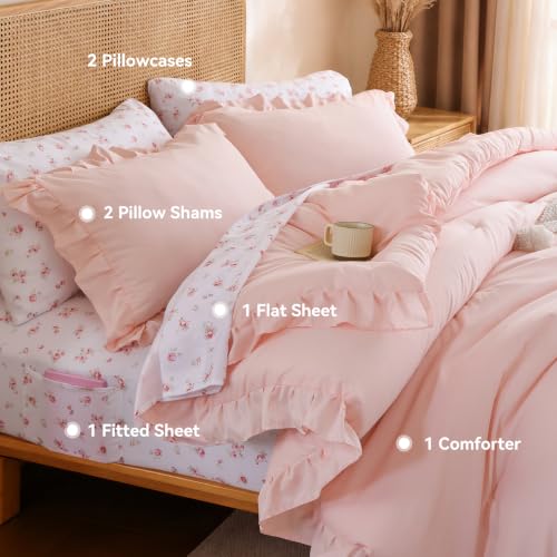 Pink Ruffle Queen Comforter Set with Floral Sheets - 7 Pieces, Blush Pink R