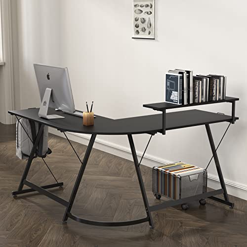 Black L-Shaped Corner Desk with Monitor Stand & Drawer - 51x51 Inch
