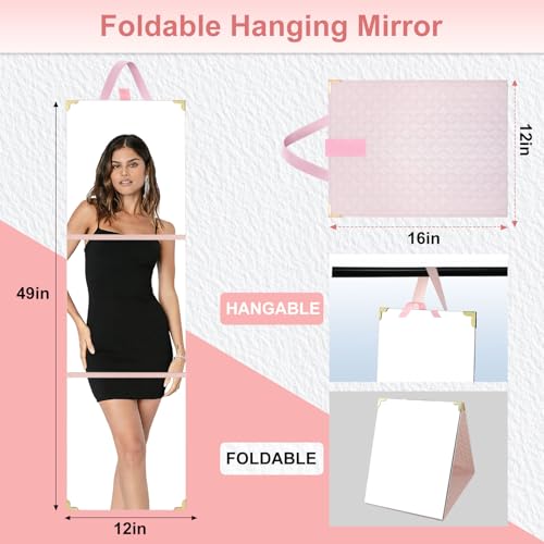 49 x 12 Inch Foldable Full Length Travel Mirror Pink - Portable Shatterproof Over-the-Door & Hanging Makeup Mirror