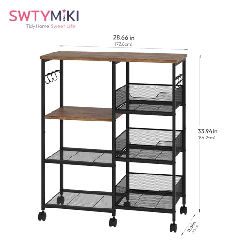 SWTYMIKI Espresso Kitchen Island Cart on Wheels - 4-Tier Rolling Storage with Hooks