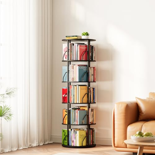 5 Tier Rotating Bookshelf Tower - 55.1 Inch Black Spinning Bookcase, Space Saving Corner Organizer
