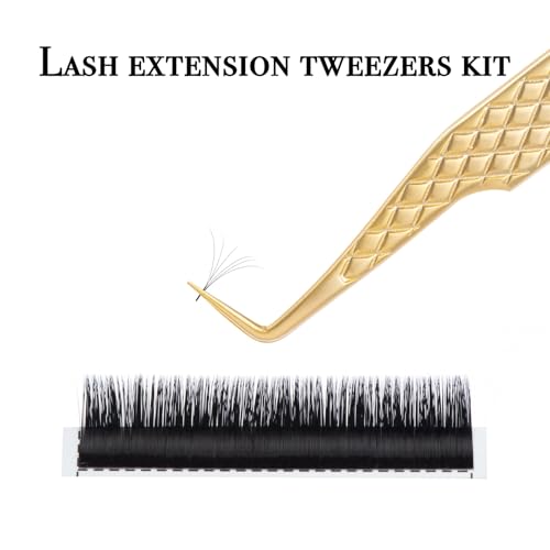 EKYSSO Gold Eyelash Tweezers Kit 7 Pcs for Lash Extensions, Professional Lash Tools