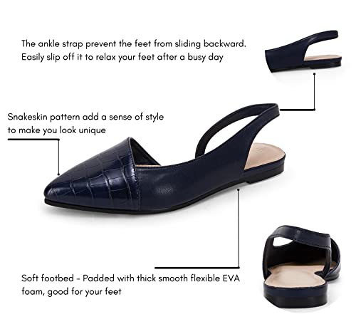 Women's Navy Pointed Toe Flats Slip-On Slingback Low Heel Animal Print Mules - Size 6.5