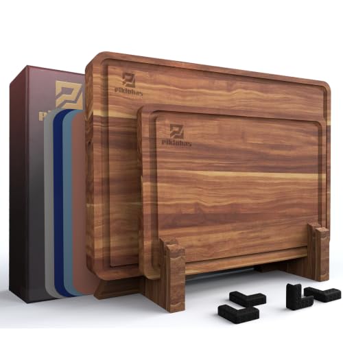 Large Acacia Wood Cutting Board Set with Storage Stand - Brown