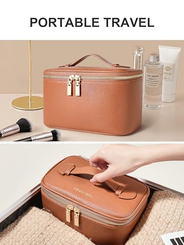 Camdeez Brown Travel Makeup Bag Organizer for Women, Portable Cosmetic Case