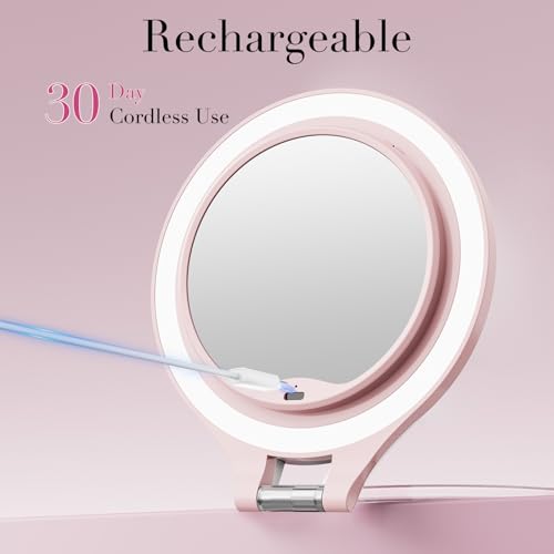FASCINATE Pink Double-Sided Lighted Travel Magnifying Mirror with 10X/1X LED Lighting