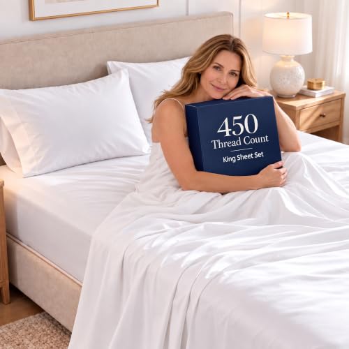 LANE LINEN 450TC White King Size Cotton Sheet Set Silky Sateen Weave
