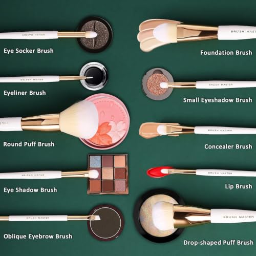 10-Piece Makeup Brush Set with Flat Foundation Brush - Synthetic, Travel-Friendly