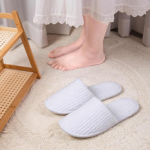 20 Pairs Non-Slip Disposable Slippers for Guests - White & Gray, Big Kid, Bulk Hotel & Spa Slippers with Pouch