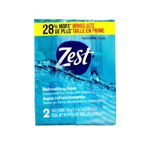 Zest Refreshing Aqua Deodorant Bar Soap with Vitamin E, Rinses Germs Away, 2 ct, 4.12 oz Each (Pack of 3)