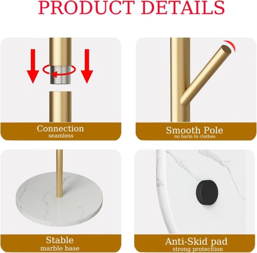 Gold Coat Rack with 8 Hooks - Branch Design, Freestanding Entryway Organizer, Gold-White Variation