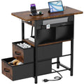 Rustic Brown Small Side Table with Charging Station & Storage Pocket