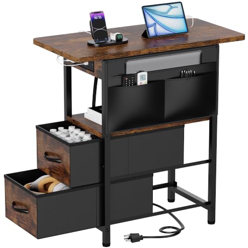 Rustic Brown Small Side Table with Charging Station & Storage Pocket