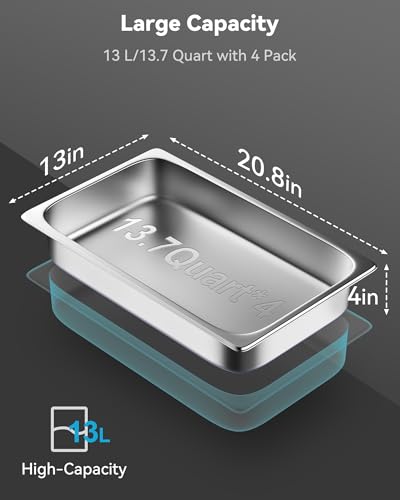 ZeroPone 4 Pack Full Size 4-Inch Deep Stainless Steel Hotel Pans with Lids, Thickened Commercial Food Storage