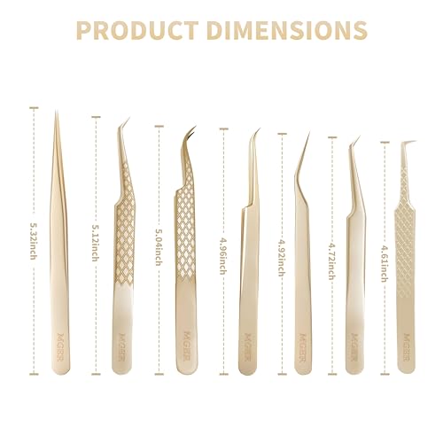MGER Lash Tweezers for Eyelash Extensions,Diamond Grip 90 Degree Fiber Tip Volume Lash Extension Tweezers,Gold (7Pcs Tweezers Set)