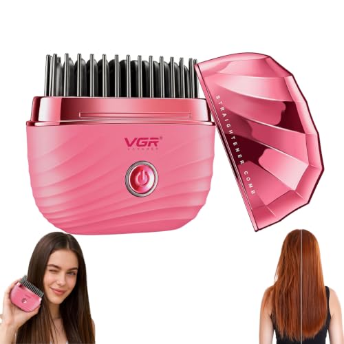 Mini Hair Straightener Comb with 2 Heat Settings - Pink, Portable & Wireless